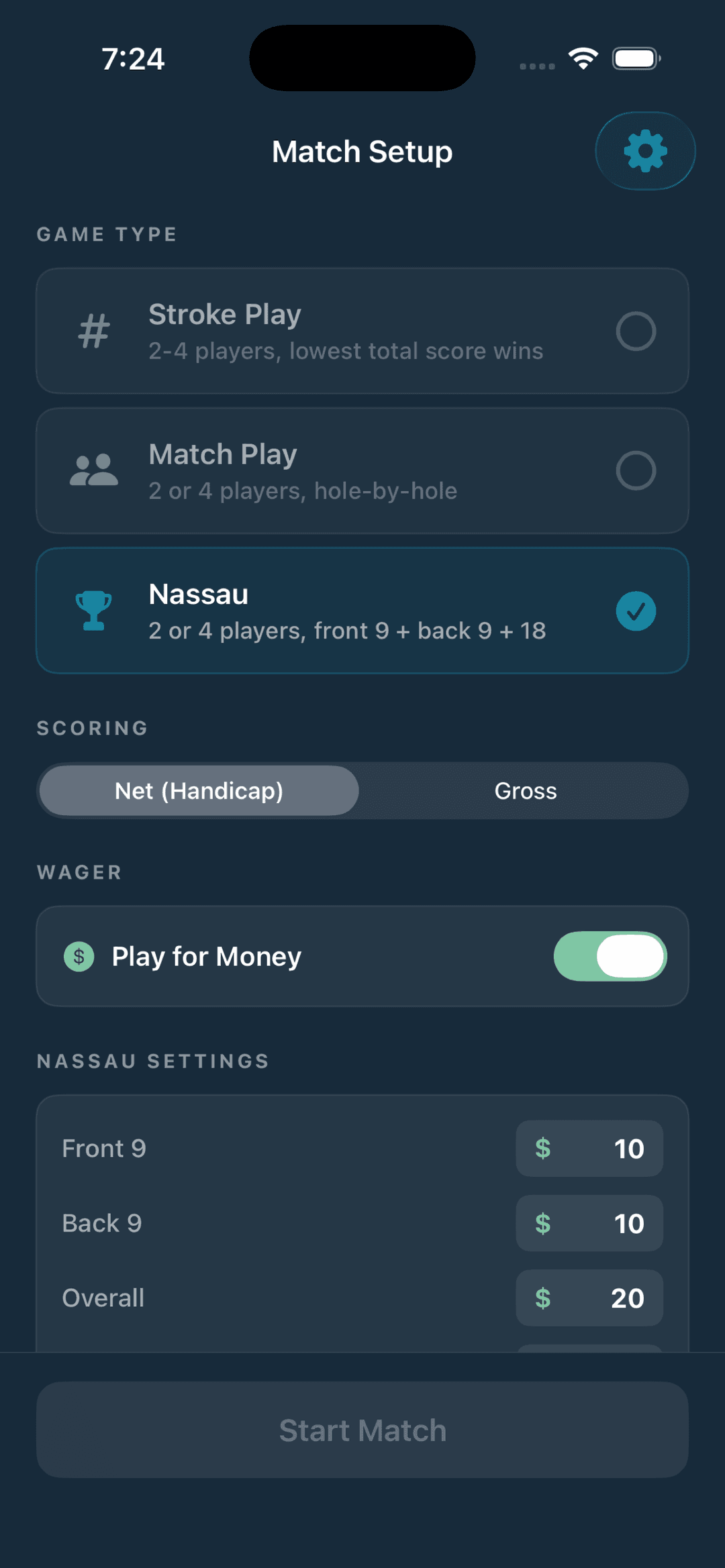 Match Setup — game type, scoring, and wager config