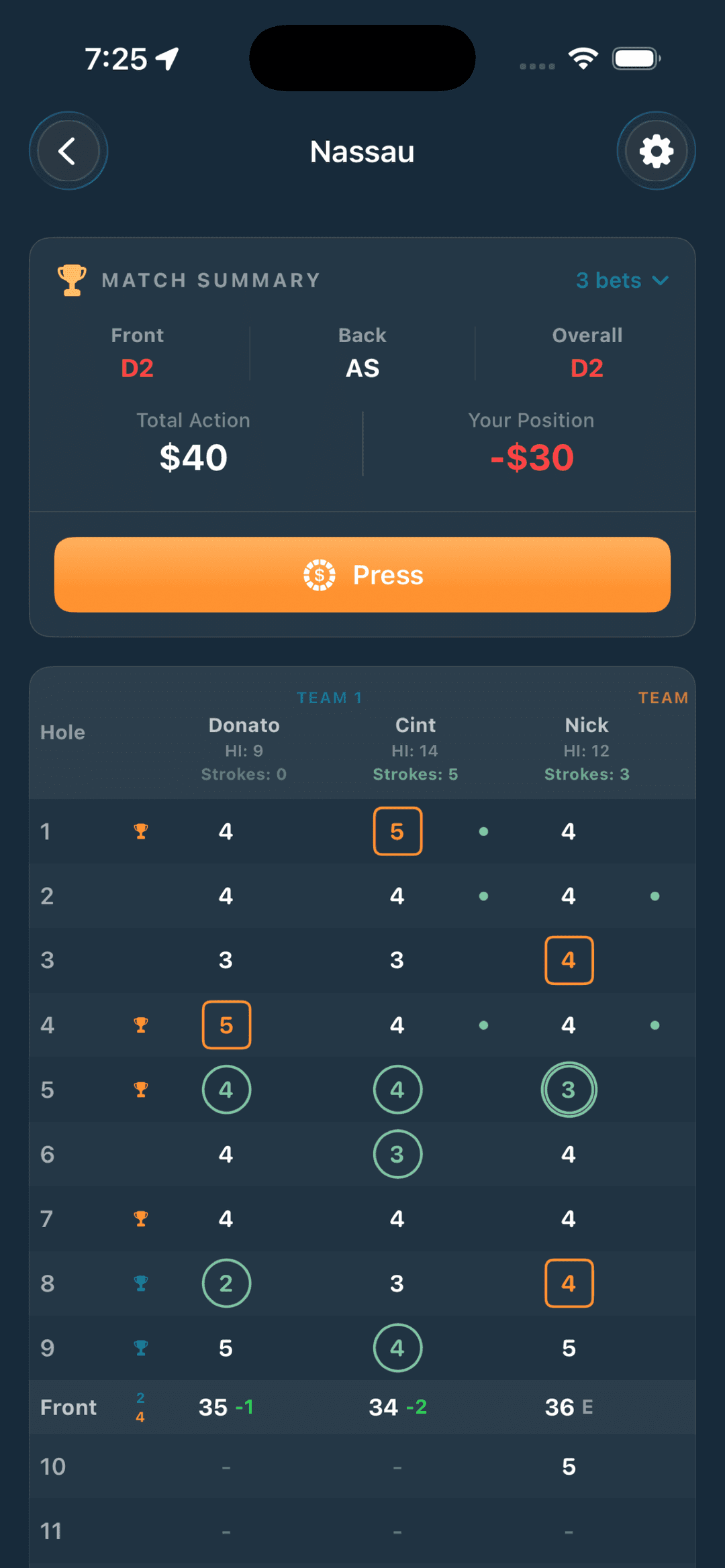 Nassau — match scoring with bets and presses