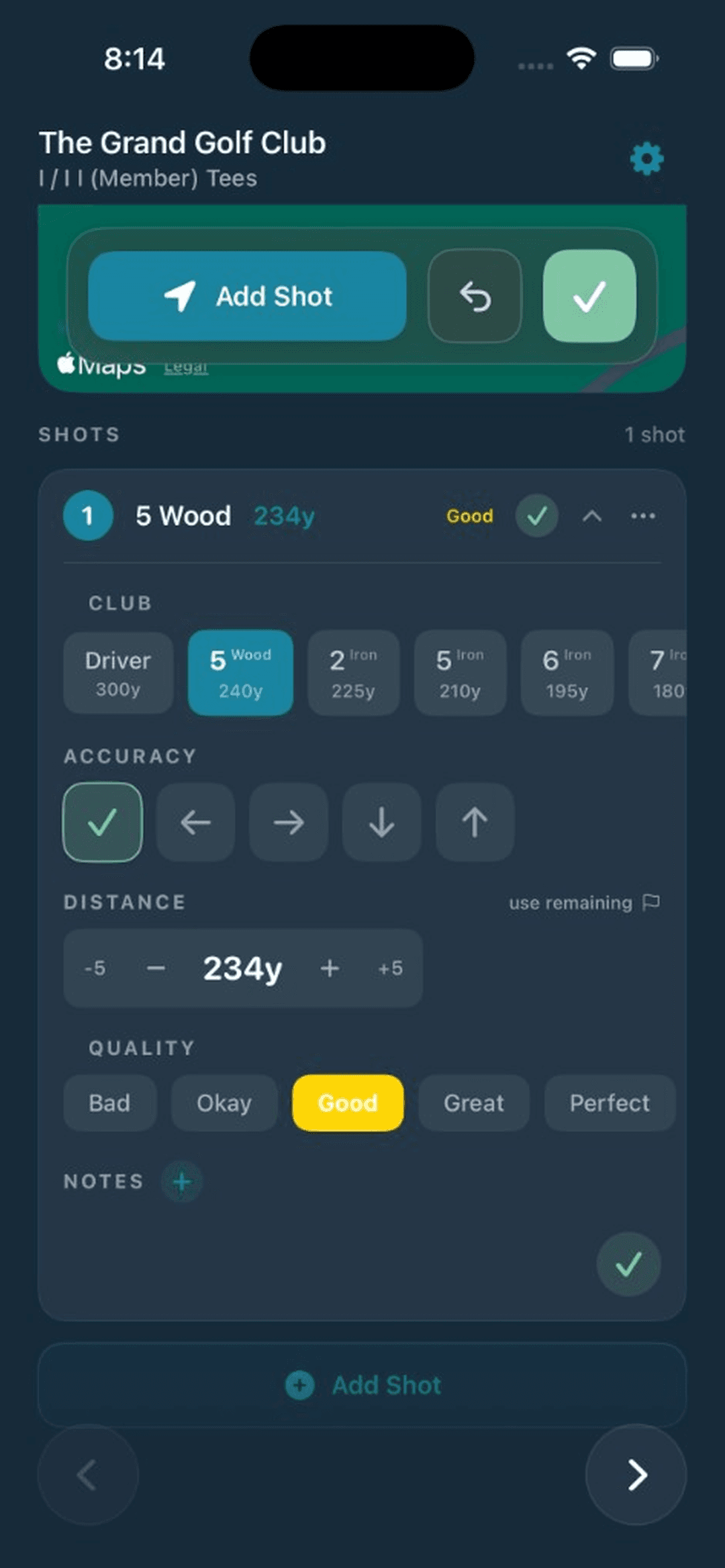 Shot tracking — club, distance, accuracy, and shot quality on the course